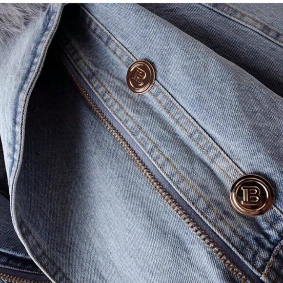 Blue Casual Women's Detachable Faux Rabbit fur Denim Parka Jacket - Picture 7 of 9